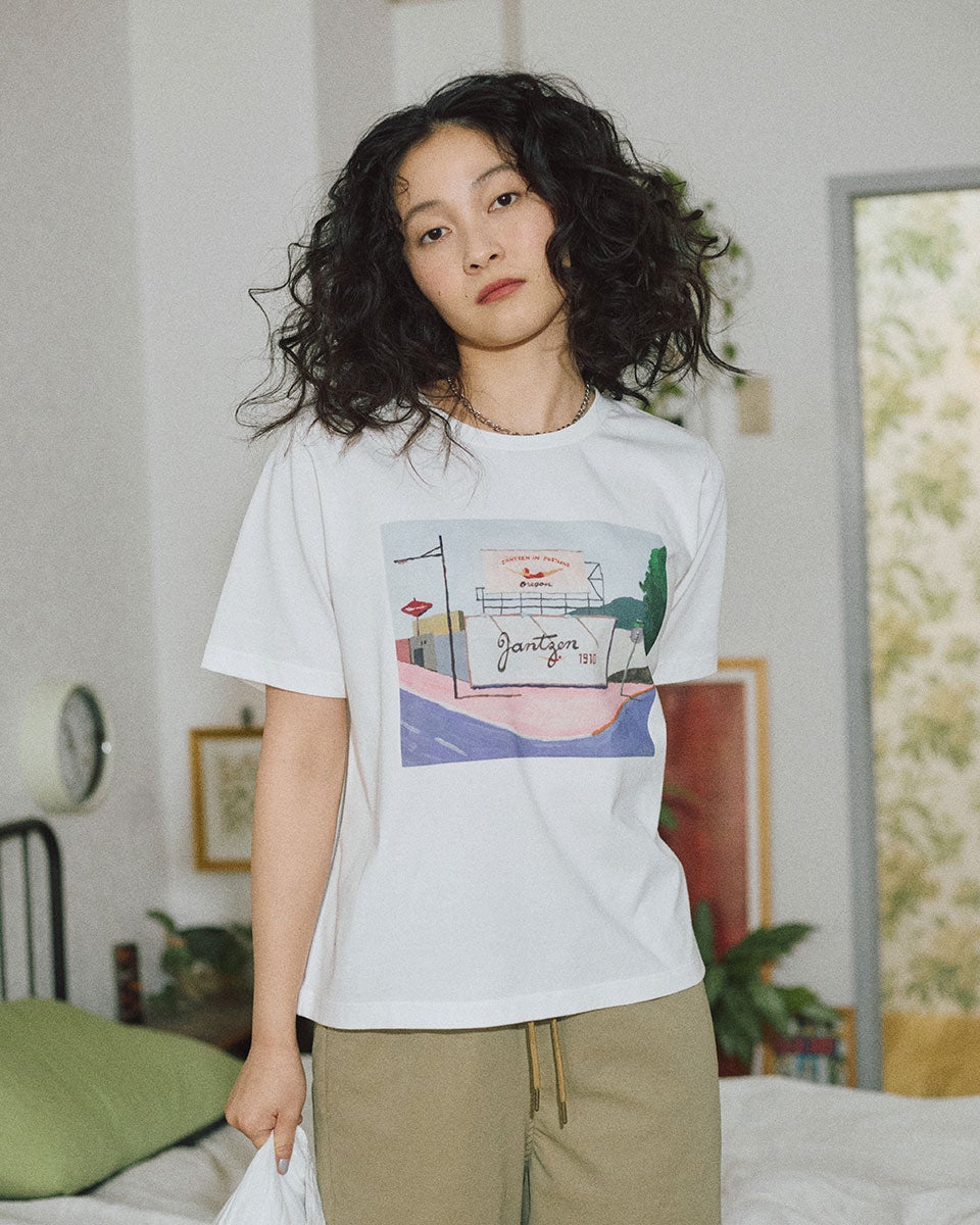 JantzenコラボTシャツ×辰巳菜穂 ポートランドフロントプリントT [吸水